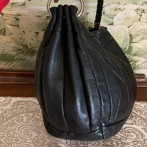 FURLA EUC Black Italian Pebbled Leather Hobo Bag with Braided Handle. - Picture 4 of 14